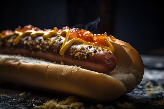 Hot dog con salsiccia condita con ketchup e senape