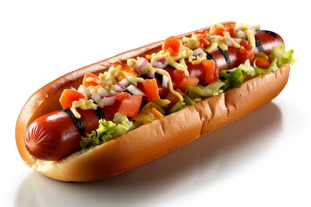 Hot dog con salsiccia e verdure fresche isolato su sfondo bianco Ai generato