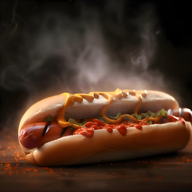 Hot dog con senape e ketchup su uno sfondo di legno scuro