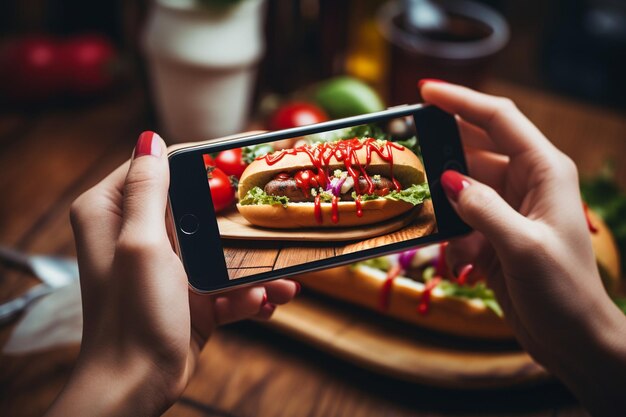 Hot dog con un food blogger che scatta una foto