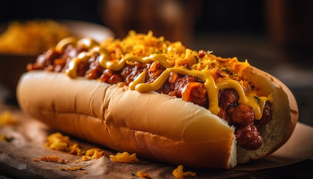 Hot dog di manzo alla griglia con ketchup su panino rustico generato dall'intelligenza artificiale