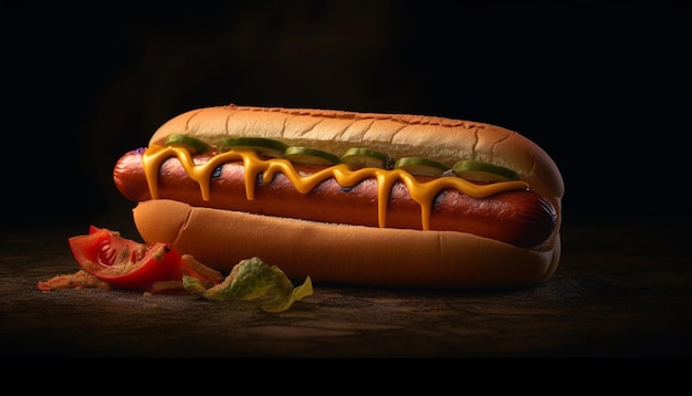 Hot dog di manzo alla griglia su panino con ketchup e cipolla generati dall'intelligenza artificiale