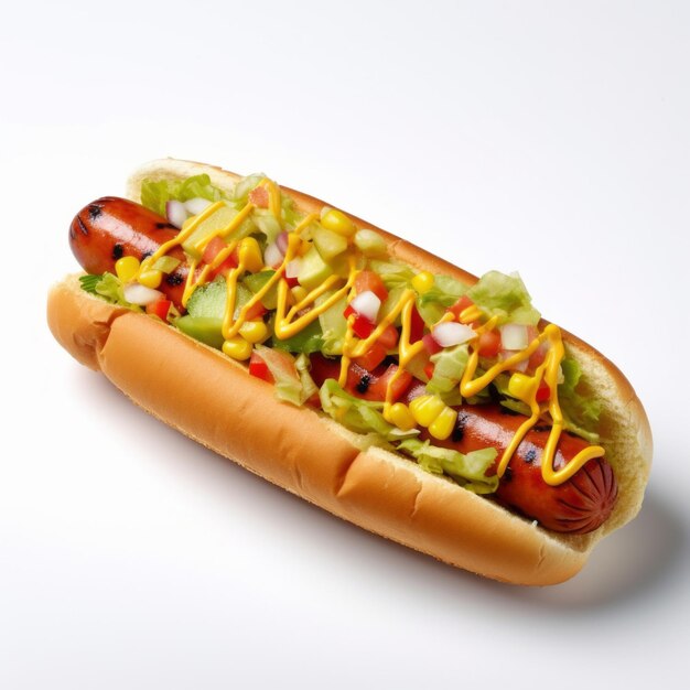 Hot Dog di Miami a fette sottili di lattuga, salsa di mais con maionese e peperoncino su un piatto bianco