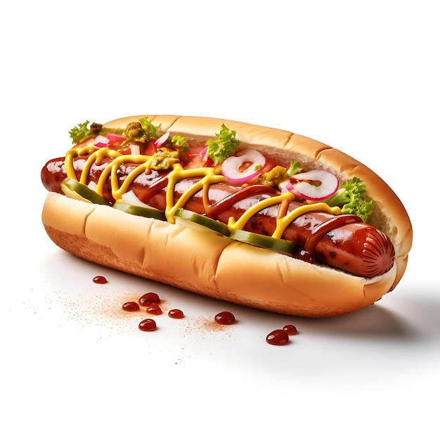 Hot dog fast food salse hot dog sfondo bianco alto dettagliato