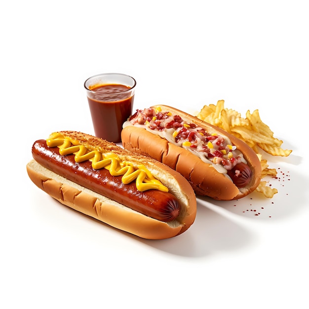 Hot dog fast food salse hot dog sfondo bianco alto dettagliato