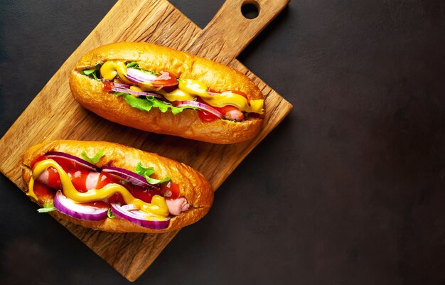 hot dog fatti in casa su sfondo concreto, ardesia con copia spazio per il test