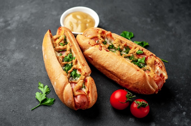 hot dog francesi al forno con formaggio e senape su uno sfondo di pietra