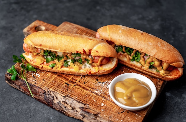 hot dog francesi al forno con formaggio e senape su uno sfondo di pietra