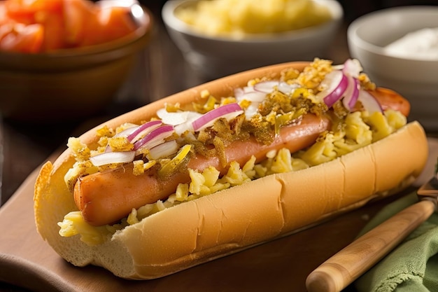 Hot dog gourmet condito con gustosa senape e cipolle su morbido panino creato con intelligenza artificiale generativa