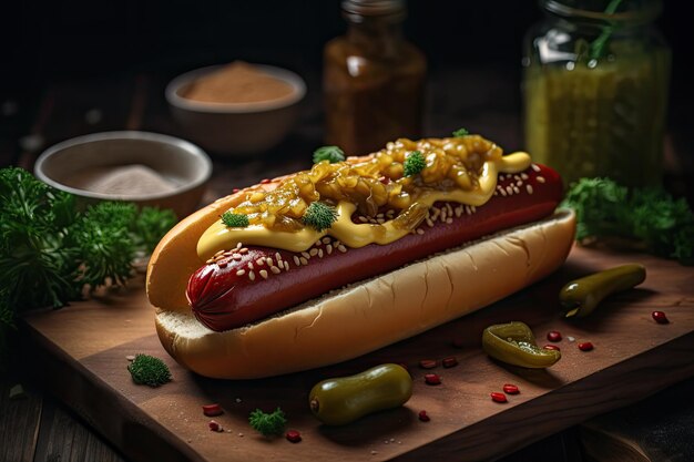 Hot dog gustosi con salsicce succose e condimenti colorati generativo IA