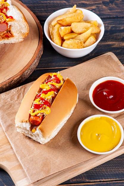 Hot dog in stile brasiliano, con senape, ketchup e paglia di patate. Vista dall'alto.