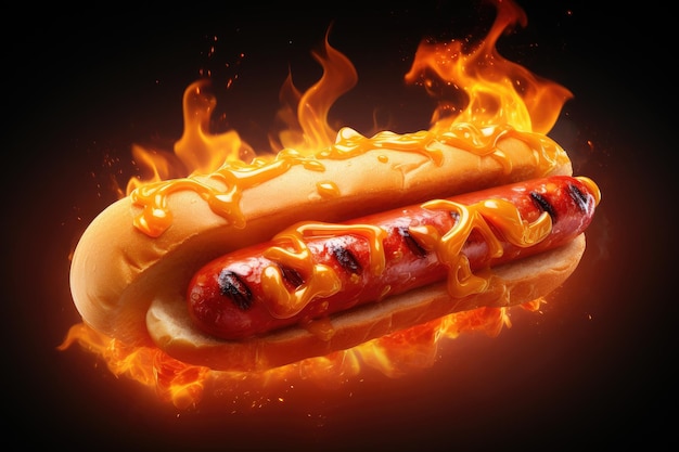 Hot dog in stile cartone animato Salsiccia con un panino IA generativa