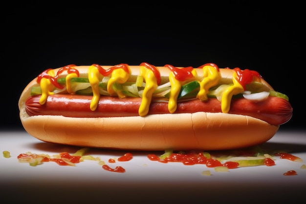 Hot dog in stile cartone animato Salsiccia con un panino IA generativa