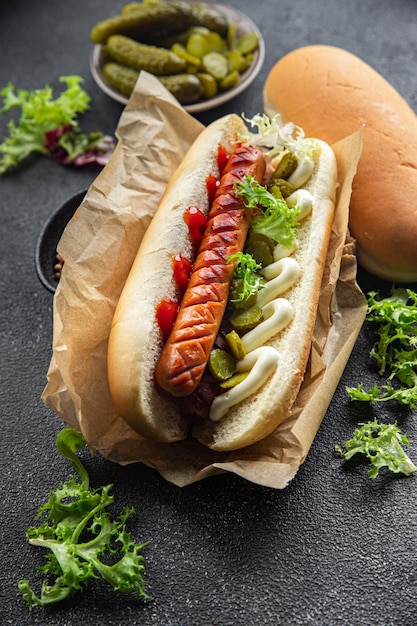 hot dog panino panino salsiccia cetriolino ketchup maionese fast food pasto snack sul tavolo