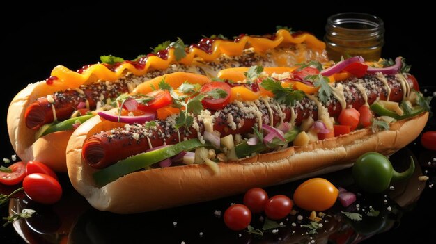 hot dog pieni di verdure tritate e salsa piccante fusa e maionese