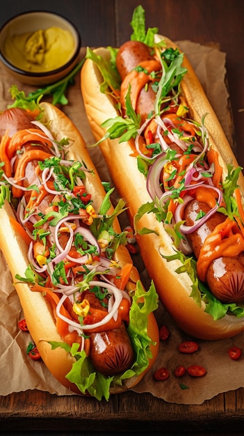 Hot dog salato fatto in casa con salsicce e verdure su legno Vertical Mobile Wallpaper