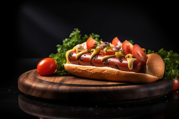 hot dog su un piatto di legno scuro backgroundcloseup