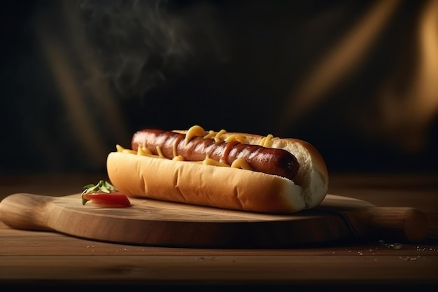 hot dog su un piatto di legno scuro backgroundcloseup