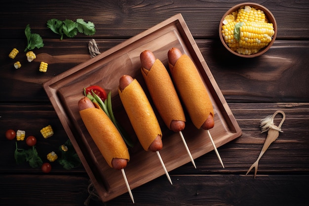 Hot dog su un vassoio di legno con pannocchie