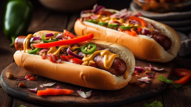 Hot dog su un vassoio di legno con una ciotola di peperoncino, peperoni e cipolle