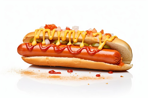 Hot dog succoso con salse e additivi su sfondo bianco