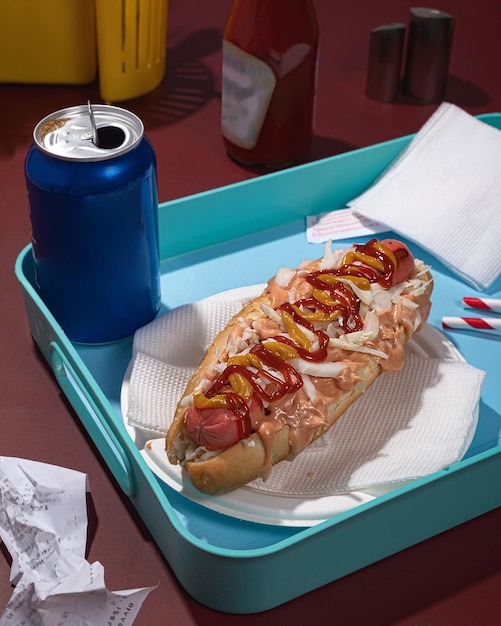 Hotdog con ketchup e senape una bevanda in una bottiglia blu