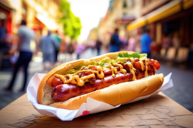 Hotdog con pomodoro, senape, lattuga e cipolla per strada