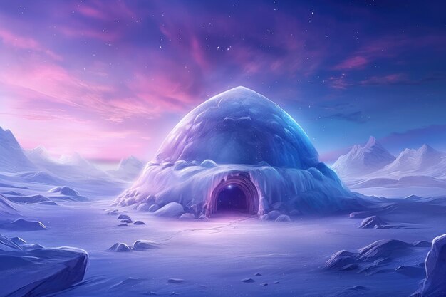 Hotel di ghiaccio igloo su una pianura innevata con aurora boreale durante la magica notte invernale Generative Ai