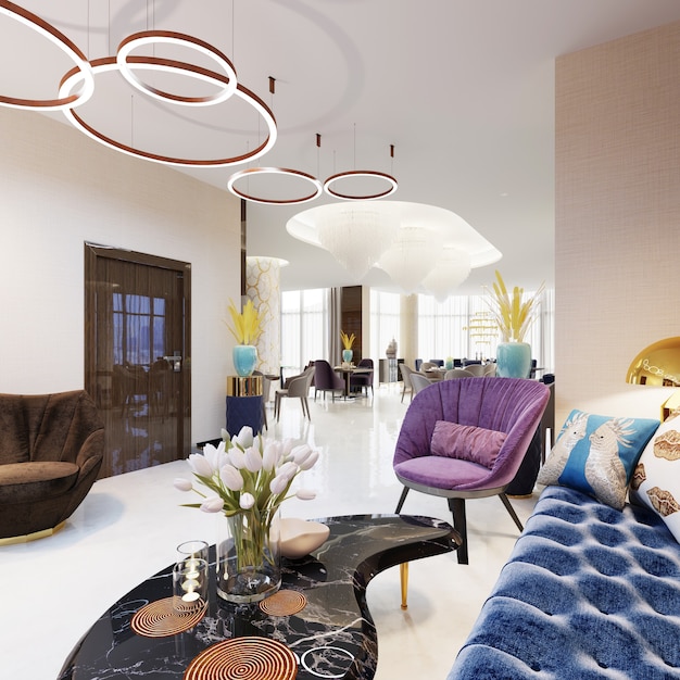 Hotel di lusso a cinque stelle con area lounge. rendering 3d