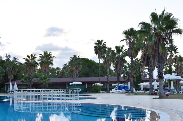 Hotel di lusso costoso con piscina sotto le palme. tramonto in un hotel di lusso ai tropici