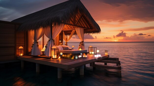 Hotel e resort romantici sulla notte della cabina di paglia delle Maldive offuscata dall'acqua di mare azzurra