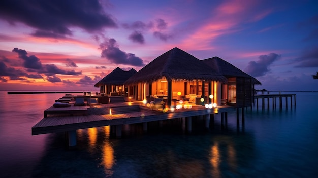 Hotel e resort romantici sulla notte della cabina di paglia delle Maldive offuscata dall'acqua di mare azzurra