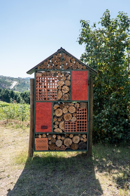 Hotel per uccelli e insetti realizzato con tronchi d'albero, mattoni e altri oggetti