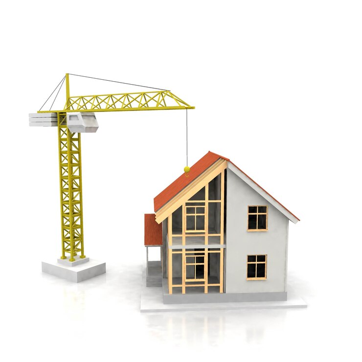House 3d rendering illustration with open interior on top Blueprints documents crane and mortgage calculations