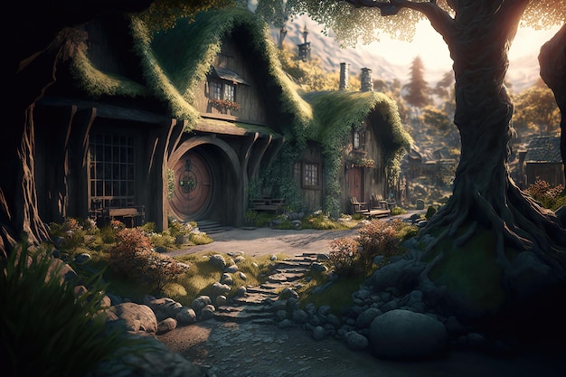 House of the hobbit hole Fantasy Village Shire case con porte e finestre rotonde Il favoloso paesaggio del Signore degli Anelli al tramonto illustrazione 3d