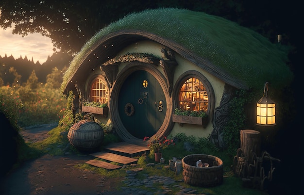 House of the hobbit hole Fantasy Village Shire case con porte e finestre rotonde Il favoloso paesaggio del Signore degli Anelli al tramonto illustrazione 3d