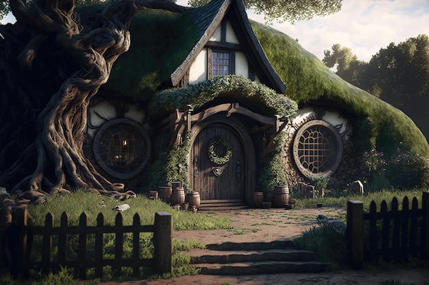 House of the hobbit hole Fantasy Village Shire case con porte e finestre rotonde Il favoloso paesaggio del Signore degli Anelli al tramonto illustrazione 3d