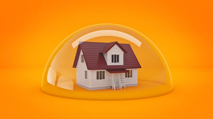 Photo house under a glass shield protection concept 3d rendering