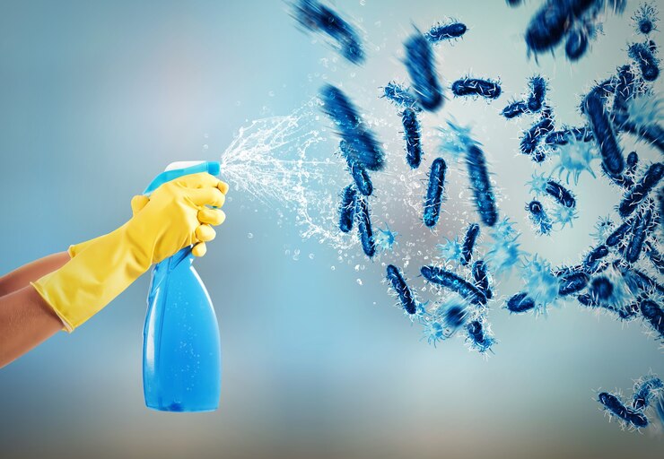 Photo housewife cleans determined with much cleaner spray to defeat the germs. 3d rendering