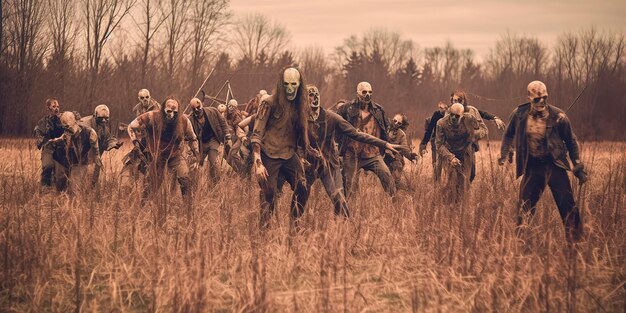 Hroup di scene fantasy di zombie che camminano Concetto di Halloween IA generativa