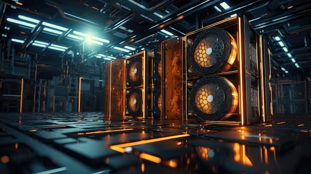 Hub di criptovalute Racks di computer in una sala server sicura mostrano l'estrazione di criptovalute Ideale per illustrare l'intersezione tra sicurezza tecnologica e finanza digitale