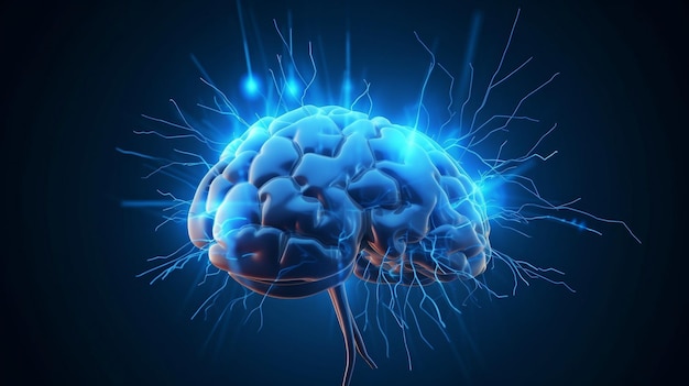 human brain electrical activity flashes and lightning against a blue backdrop generative ai