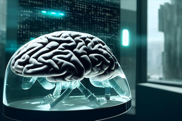 human brain in transparent container inside cyan illuminated server room neural network generated