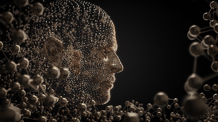 Photo human face formed by the fusion of golden atoms