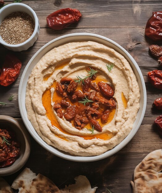 hummus con pomodori secchi al sole sul tavolo di legno piatto