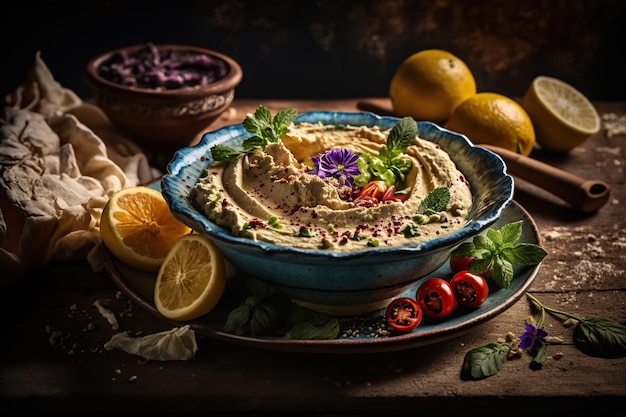 Hummus cremoso fatto in casa Cibo professionale Illustrazione di AI generativa