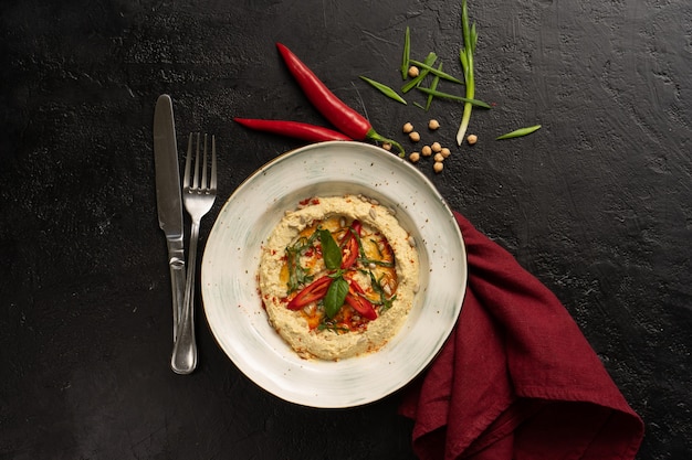 Hummus di ceci fatti in casa con peperoncino rosso, cipolla e semi di girasole su una tavola nera. Vista dall'alto.