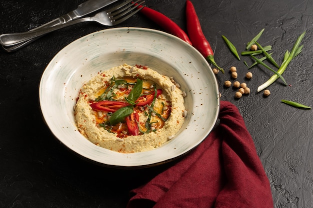 Hummus di ceci fatti in casa con peperoncino rosso, cipolla e semi di girasole su una tavola nera.