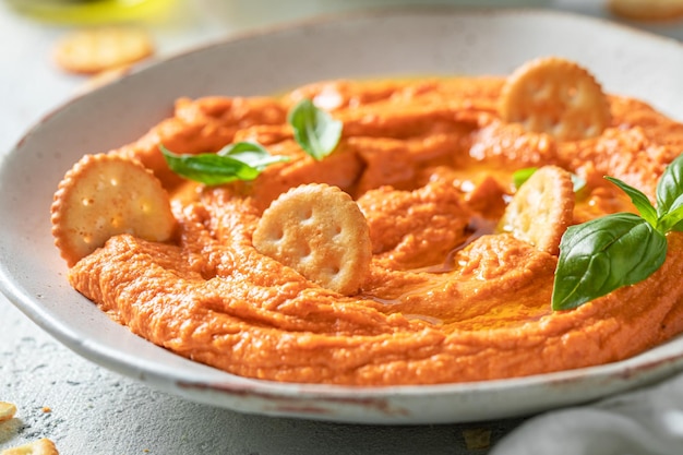 Hummus di pomodoro vegano a base di pomodoro ed erbe aromatiche