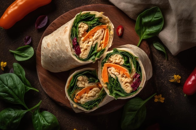 Hummus e Veggie Wrap Vegetariano Vista dall'alto IA generativa